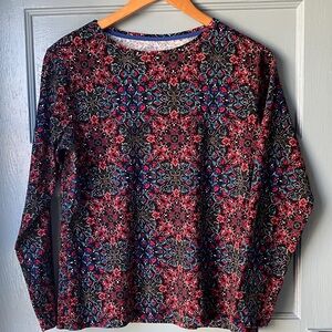 croft & barrow Black Floral Top with Red and Olive Accents